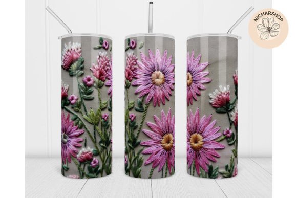 20oz 3D Pink Flower Embroidery Tumbler3