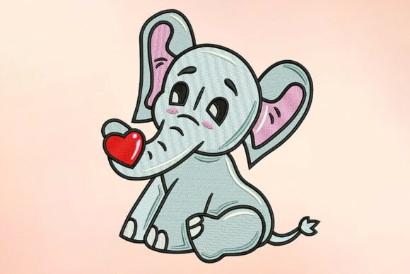Shy Elephant with Heart Embroidery